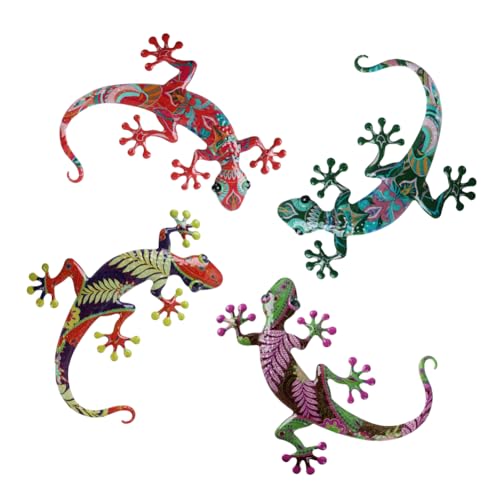 dreamskip Metall-Eidechsen für den Außenbereich, 4 Stück, Metall-Gecko-Wanddekoration, hängende bunte Wandskulptur, mexikanische Hofkunst für Garten, Zaun, Terrasse, Zuhause, draußen von dreamskip