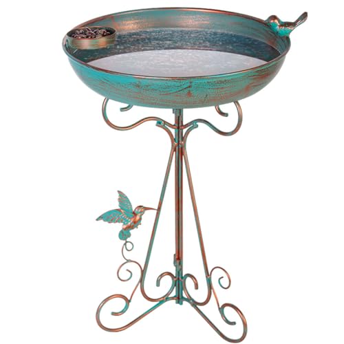 dreamysoul Vogeltränke, 30,5 cm Durchmesser, Schüssel, Metall-Vogeltränke mit Futterspender, Sockel, Vogeltränke für draußen, Garten, Terrasse, Hof (Bronze) von dreamysoul