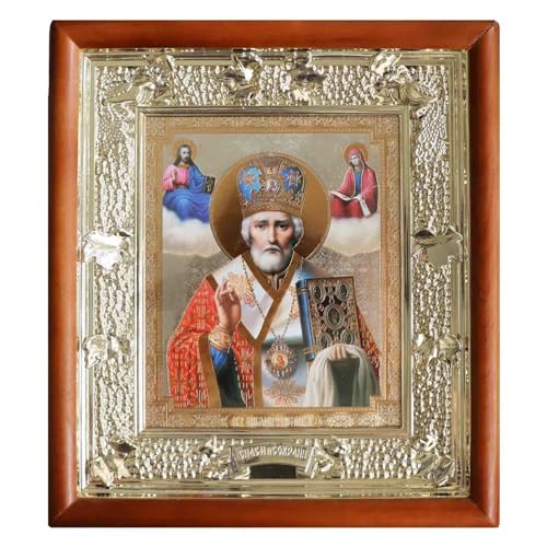 Gorokhova, Irina Ikone Heilige Nikolaus Bsederzchitel Holz Glas Gold Silber Verzierung 26x 23cm von Gorokhova, Irina