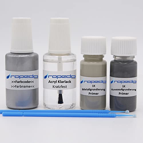 dropedo Lackstift Set passend für VW LR7H / X3 INDIUMGRAU 20ml + Klarlack 20ml + 10ml Metallgrundierung + 10ml Kunststoffgrundierung von dropedo