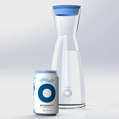 dropson - Krug mit Filter - Modell CrystalDrink - Wasserkanne aus Glas 1L mit Deckel in Blau + Wasserfilter für Wasserhahn, Filterdose 300 Liter von dropson