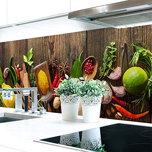 Küchenrückwand Spices on Wood Premium Hart-PVC 0,4 mm selbstklebend - Direkt auf die Fliesen, Größe:220 x 60 cm von DRUCK-EXPERT
