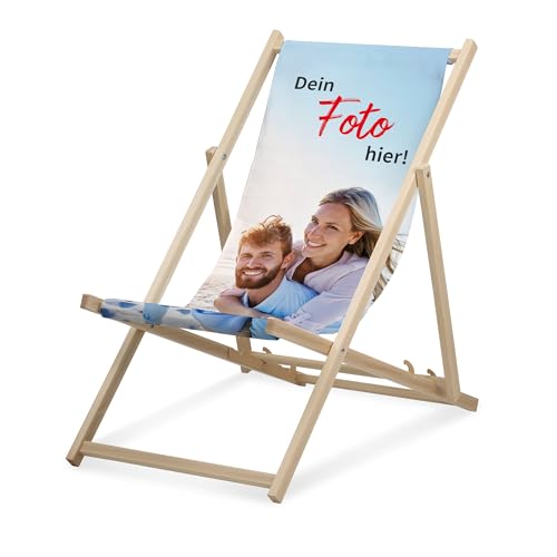 Personalisierbarer Liegestuhl - Fotoupload für Ihren eigenen Klappstuhl - robust und langlebig aus Buchenholz - perfekt für Strand, Garten, Camping, Ihr Geschäft und Veranstaltungen - Textilbezug von druck.de