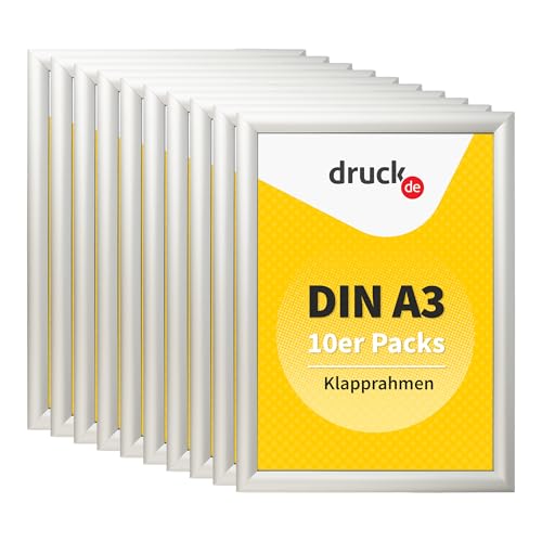 druck.de 10 Klapprahmen A3 für Plakate, Hinweisschilder, Werbung | Aluminiumrahmen mit 2 cm Slim-Profil | geeignet für Wandmontage | Durchsichtiger Plastikschutz schützt Ihr Poster (10 Stück, A3) von druck.de