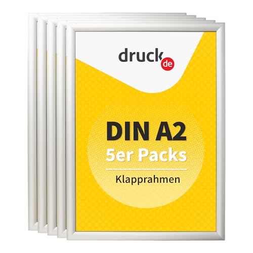 druck.de 5 Klapprahmen A2 für Plakate, Hinweisschilder, Werbung | Aluminiumrahmen mit 2 cm Slim-Profil | geeignet für Wandmontage | Durchsichtiger Plastikschutz schützt Ihr Poster (5 Stück, A2) von druck.de