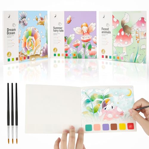 3 Stück Aquarell Malbuch Kinder Mit Wasserfarben Block, 60 Seiten Wasserfarben Malbuch mit Wassertankpinsel, 3 Themen Pocket Aquarell Watercolor Painting Book für Kinder von dsDAEDK