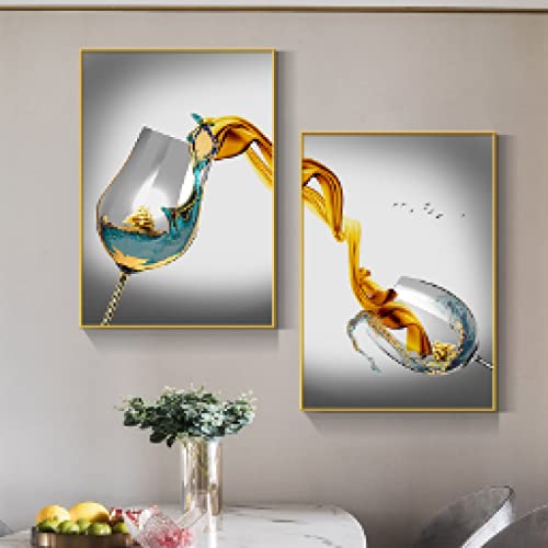 dsdsgog Goldenes Segelboot Abstrakte Luxus Weinglas Poster und Leinwanddrucke Wandkunst Malerei Esszimmer Küche Dekor 60x90cmx2 Rahmenlos von dsdsgog