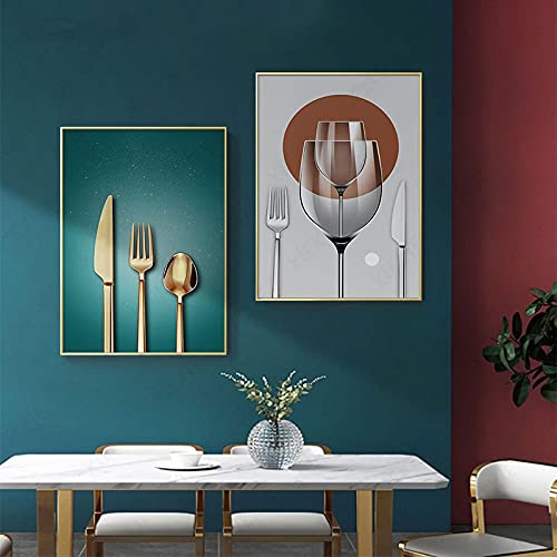 dsdsgog Modernes Geschirr Gabel Löffel Weinglas Poster Leinwand Gemälde Wandkunst Bilder Drucke für Restaurant Esszimmer Dekor 40x60cmx2 Rahmenlos von dsdsgog