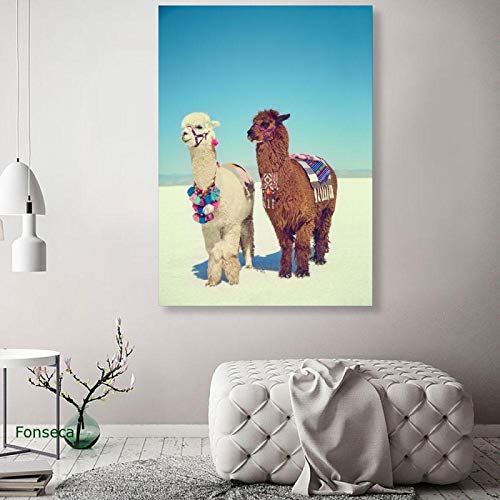 dsdsgog Nette Zwei Alpakas Leinwandmalerei Lama-Tierwüstenplakat und druckt Wandkunst-Kinderzimmer-dekorative Bilder Hauptdekor 70x100cm Rahmenlos von dsdsgog