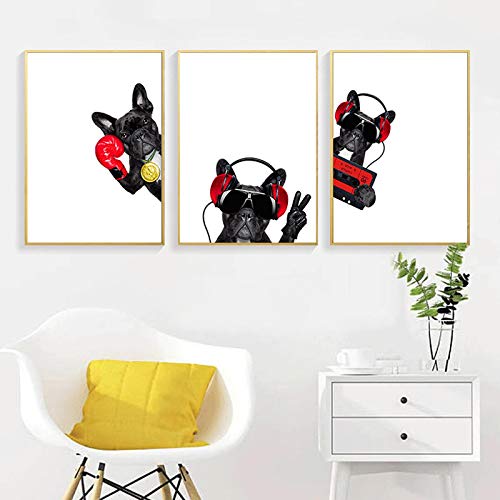 dsdsgog Schöne Musik Boxer Bulldogge mit Kopfhörern Pop ArtCanvas Malerei Drucke Poster Kinderzimmer Home Decor Wandkunst Bild-40x60cm 3 STK. Kein Rahmen von dsdsgog