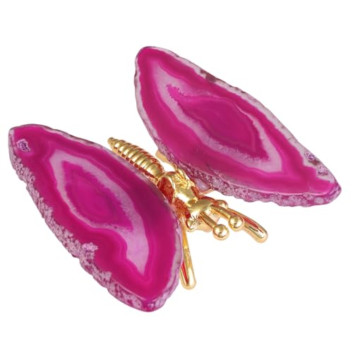 dssmboom 2 Stück Geode Achat Scheibe Schmetterling Figur für Desktop Dekor, Goldener Schmetterling mit Fuchsia Achat Scheiben Flügel für Sammlung oder Display von dssmboom