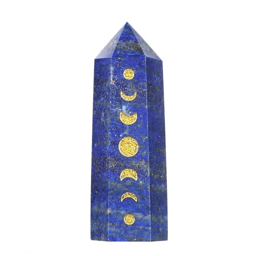 dssmboom Heilstein Einzelpunktstab für Meditation Chakra-Ausgleich, Gravierte Mondphasen-Facetten-Kristallturm für die Dekoration zu Hause, Lapislazuli von dssmboom