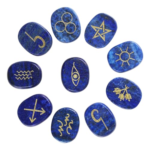 dssmboom Set mit 10 Lapislazuli-Kristall-Runensteinen, graviert mit Zigeunersymbolen, Taschensteine für Wahrsagerei, Chakra-Ausgleich, Reiki-Heilung von dssmboom