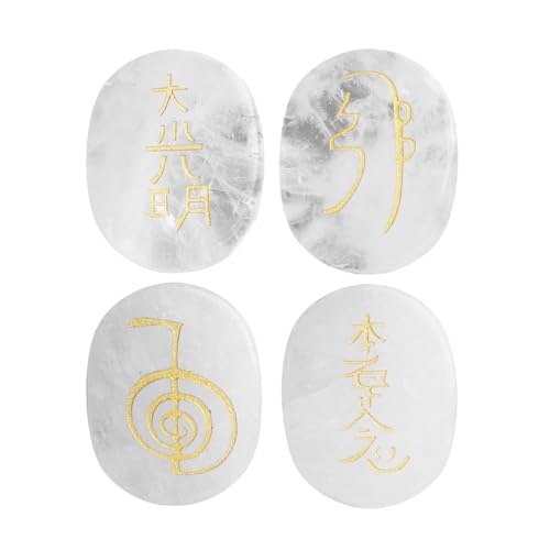 dssmboom Set mit 4 ovalen Bergkristallen, graviert mit Usui-Reiki-Symbolen, Taschen-Sorgen-Handsteinen für Chakra-Ausgleich, Meditation und spirituelle Heilung von dssmboom