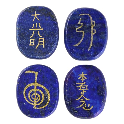 dssmboom Set mit 4 ovalen Lapislazuli-Kristallen, graviert mit Usui-Reiki-Symbolen, Taschen-Sorgen-Handsteinen für Chakra-Ausgleich, Meditation und spirituelle Heilung von dssmboom