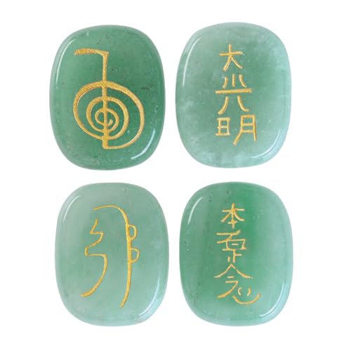 dssmboom Set mit 4 ovalen grünen Aventurin-Kristallen, graviert mit Usui-Reiki-Symbolen, Taschen-Sorgen-Handsteinen für Chakra-Ausgleich, Meditation und spirituelle Heilung von dssmboom