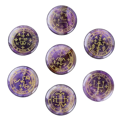 dssmboom Set mit 7 polierten Amethyst-Kristallen, graviert mit magischen Erzengel-Symbolen, Wicca-Steine für Chakra-Ausgleich, dekorativer Taschen-Sorgen-Palmstein für die Inneneinrichtung von dssmboom