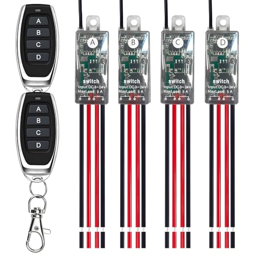 dstfuy 12v funkschalter,4 Wege kabelloser Lichtschalter DC 5V/12V/24V/5A Mini Relais 1 Kanal Wireless Lichtschalter Fernbedienung 164FT Langstrecken,f¨¹r Deckenleuchten,LED Streifen. von dstfuy