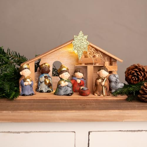 dszapaci Weihnachtskrippe Komplettset Krippe mit Beleuchtung und Figuren Krippenstall Holz klein Weihnachten Krippenhaus Stall von dszapaci