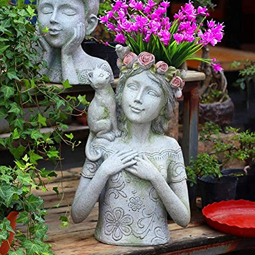 dtkmkj Home Garden Art Flower Planter Head Vase Decor Mädchen und Katze Blumentopf Sukkulententopf(Color:Girl) von dtkmkj