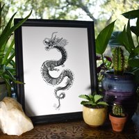 Drachen Kunstdruck - Tinte Zeichnung Natur Kunstwerk Schwarz Und Weiß Tiere Wand-Dekor Geschenke Für Alle Zentangle Design von dualityink