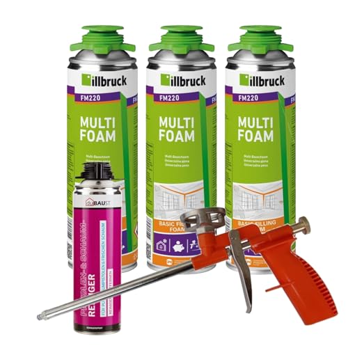 FM220 Bauschaum Montageschaum Pistolenschaum Multischaum Fensterschaum hohe Schalldämmung Wärmedämmung 500ml Kombisets (mit Reiniger AA290 + Schaumpistole Compact, 3x 500ml) von dubaust