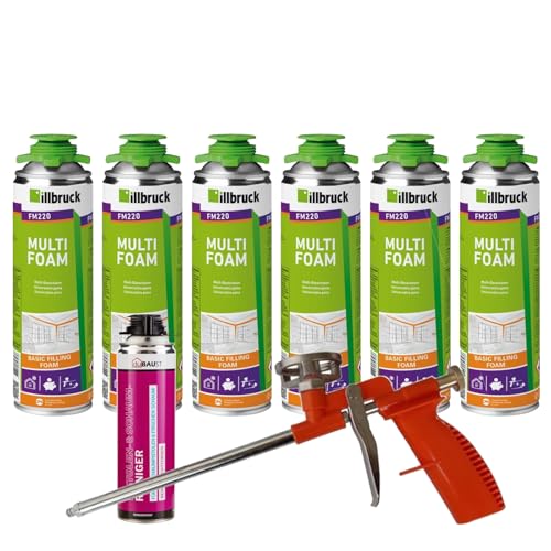 FM220 Bauschaum Montageschaum Pistolenschaum Multischaum Fensterschaum hohe Schalldämmung Wärmedämmung 500ml Kombisets (mit Reiniger AA290 + Schaumpistole Compact, 6x 500ml) von dubaust