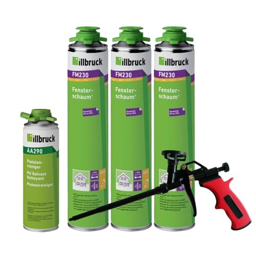 FM230 Bauschaum Fenster und Fassadenschaum PLUS, bis zu 30% flexibel, Montageschaum Fensterschaum hohe Schalldämmung Wärmedämmung 750ml Kombisets (mit Reiniger AA290 + Schaumpistole Business, 3x) von dubaust