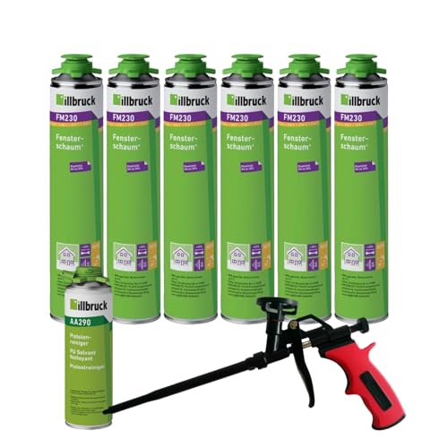 FM230 Bauschaum Fenster und Fassadenschaum PLUS, bis zu 30% flexibel, Montageschaum Fensterschaum hohe Schalldämmung Wärmedämmung 750ml Kombisets (mit Reiniger AA290 + Schaumpistole Business, 6x) von dubaust