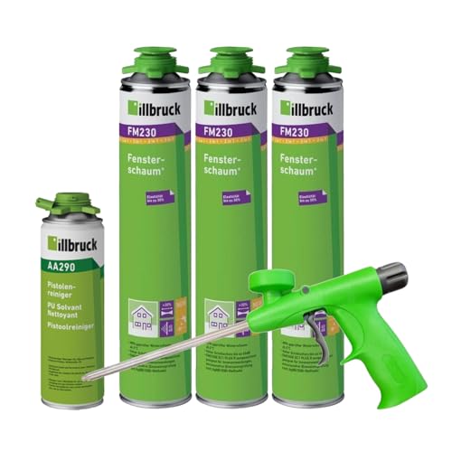 FM230 Bauschaum Fenster und Fassadenschaum PLUS, bis zu 30% flexibel, Montageschaum Fensterschaum hohe Schalldämmung Wärmedämmung 750ml Kombisets (mit Reiniger AA290 + Schaumpistole Illbruck, 3x) von dubaust