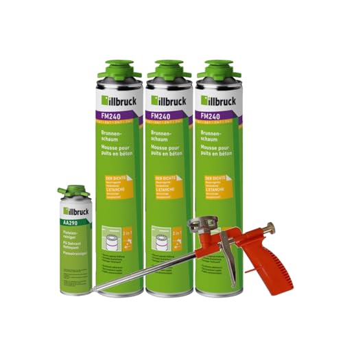 FM240 Brunnenschaum Polyurethanschaum, Beständig gegen Wasser Verrottung und Wärme, Schachtringverklebung 750ml Kombisets (mit Reiniger AA290 + Schaumpistole Compact, 3x) von dubaust