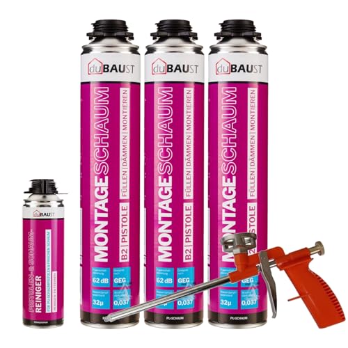 dubaust MSP24 Bauschaum Montageschaum Pistolenschaum 750ml Kombisets PU Dämmschaum hohe Schalldämmung Wärmedämmung Isolierend B2 (mit Reiniger PRS24 500ml + Schaumpistole Compact, 3x 750ml) von dubaust