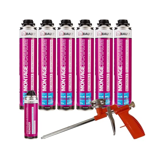 dubaust MSP24 Bauschaum Montageschaum Pistolenschaum 750ml Kombisets PU Dämmschaum hohe Schalldämmung Wärmedämmung Isolierend B2 (mit Reiniger PRS24 500ml + Schaumpistole Compact, 6x 750ml) von dubaust