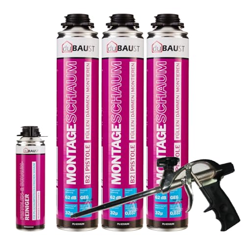 dubaust MSP24 Bauschaum Montageschaum Pistolenschaum 750ml Kombisets PU Dämmschaum hohe Schalldämmung Wärmedämmung Isolierend B2 (mit Reiniger PRS24 500ml + Schaumpistole Profi Teflon, 3x 750ml) von dubaust
