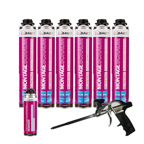 dubaust MSP24 Bauschaum Montageschaum Pistolenschaum 750ml Kombisets PU Dämmschaum hohe Schalldämmung Wärmedämmung Isolierend B2 (mit Reiniger PRS24 500ml + Schaumpistole Profi Teflon, 6x 750ml) von dubaust