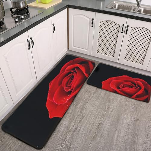 ducanll Schwarze Küchenmatte [2 Stück] und große rote Rosen, Badematte, gepolstert, Anti-Ermüdung, 150 x 45 cm, wasserdicht, rutschfest, ergonomisch, Komfort-Fußmatten von ducanll