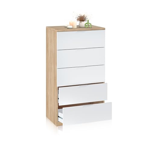duehome Kommode mit 5 Schubladen, Modell Akari, Finish in Artikweiß und kanadischer Eiche, Maße: 60 cm (L) x 110 cm (H) x 40 cm (T) von duehome