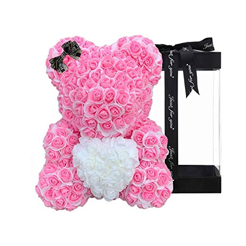 duhe189014 Rosenbär, vollständig montiert, Teddybär mit transparenter Geschenkbox, handgefertigt, künstliche Blume, Teddybär für Jahrestage, Geburtstage, Mütter, mehrfarbig, 25 cm von duhe189014