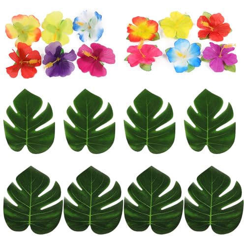 duisoad 96 Stück Tropische Blätter Dekorationen, Große Tropische Blätter Palmenblätter Deko und Hibiskusblüten für Dschungel, Strand, Partydekoration von duisoad