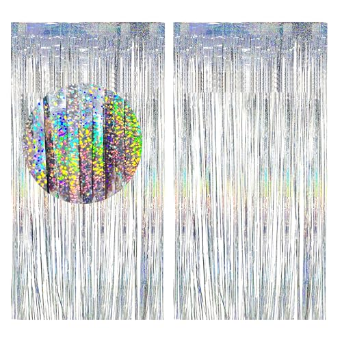 duoyif Lametta Vorhänge Silber Glitzer Vorhang Deko Partydeko Hintergrund Schimmer Vorhang Metallic Tinsel Vorhange Für Happy Birthday Hochzeiten Deko Baby Shower Weihnachten 2Stücke 1x2,5m (Silber) von duoyif