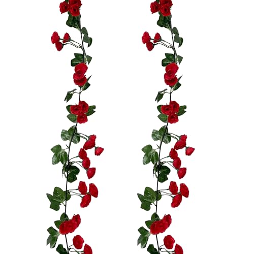 douyif Künstliche Rosen Girlande 180cm Künstliche Blumengirlande Rosen Rebe Rosen Hängende Girlande Blumengirlande Deko für Hochzeits Bogen Heim Garten Haus Zuhause Wand Bogen 2Pcs (Rot) von duoyif