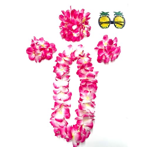 duoyif Hawaii Blumenkette Set 5Stück HawaiiKette Blumen Mit Ananas Brille Hawaii Outfit Zubehör Hula Blumenkette Für Hawaii Strand Partys Sommer Karneval Jubel Fußball-Cheerleading (Rosa) von duoyif