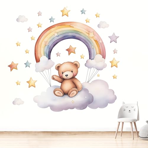 duoyif Wandsticker Bär Wolken Sterne Regenbogen, Wandtattoo Bär Auf Den Wolken, Braun Bär Wandaufkleber, Braunbär Wandsticker Kinderzimmer Babyzimmer Kindergärten Schlafzimmer Türen Wanddeko von duoyif