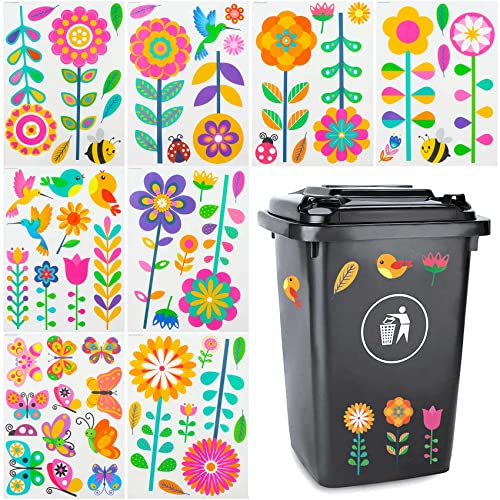 Mülltonnenaufkleber Mülleimer Aufkleber Dekorative Sticker - Blumenaufkleber Selbstklebender mit Blumen Schmetterlingen Kolibris Insekten Muster für Mülltonnen Kühlschrank Dekorationen, 62 PCS von duozoanz