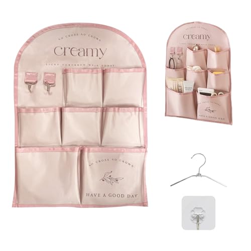 Betttasche Bettablage Nachttisch zum Einhängen, Wandorganisator mit 7 Fächern Kleine Frische Stil Große Kapazität Stoff Tasche Ideal für die Aufbewahrung Kleiner Gegenstände 54.5*35CM Rose Rosa von duozoanz