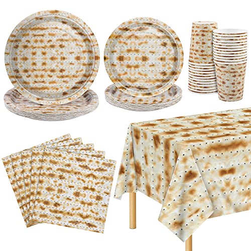 durony 97-teiliges Passover Matzoh Geschirr-Set inkl. Einweg-Pappteller, Becher, Tischdecke und Passover Seder, quadratische Servietten, Seder, Geschirr, Dekoration für 24 Gäste, Partyzubehör von durony