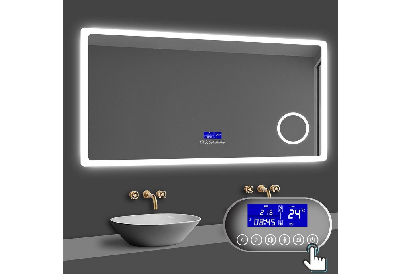 duschspa Badspiegel 80-160 cm Uhr, Beschlagfrei, 3xSchminkspiegel Kalt/Neutral/Warmweiß, Bluetooth von duschspa
