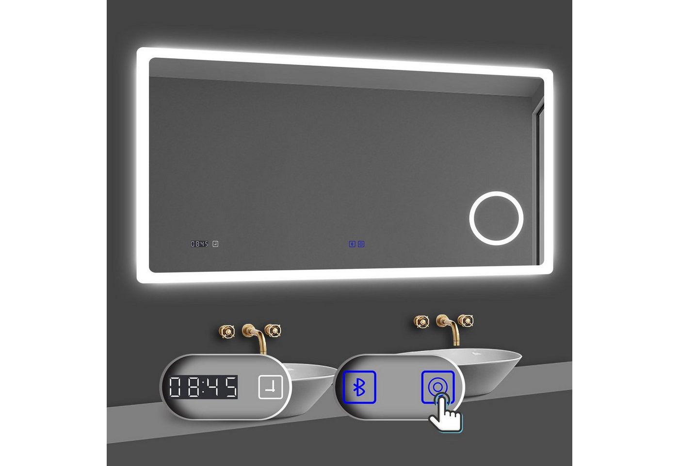 duschspa Badspiegel Kalt/Neutral/Warmweiß Spiegel mit LED Beleuchtung Dimmbar Beschlagfrei, Touch/Wandschalter, Bluetooth 5.0, Schminkspiegel, Uhr von duschspa