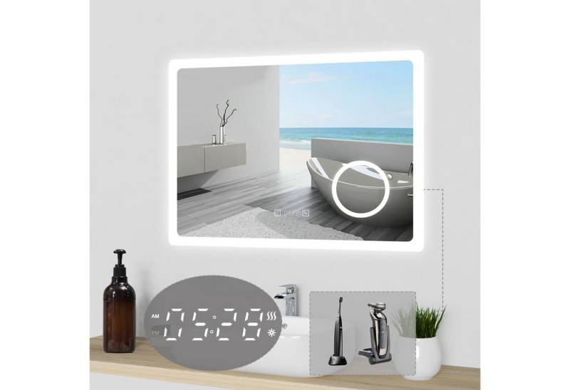 duschspa Badspiegel LED Spiegel mit Steckdose 3x Schminkspiegel Kalt/Neutral/Warmweiß, Bluetooth 5.0/Uhr, Rasiersteckdose von duschspa