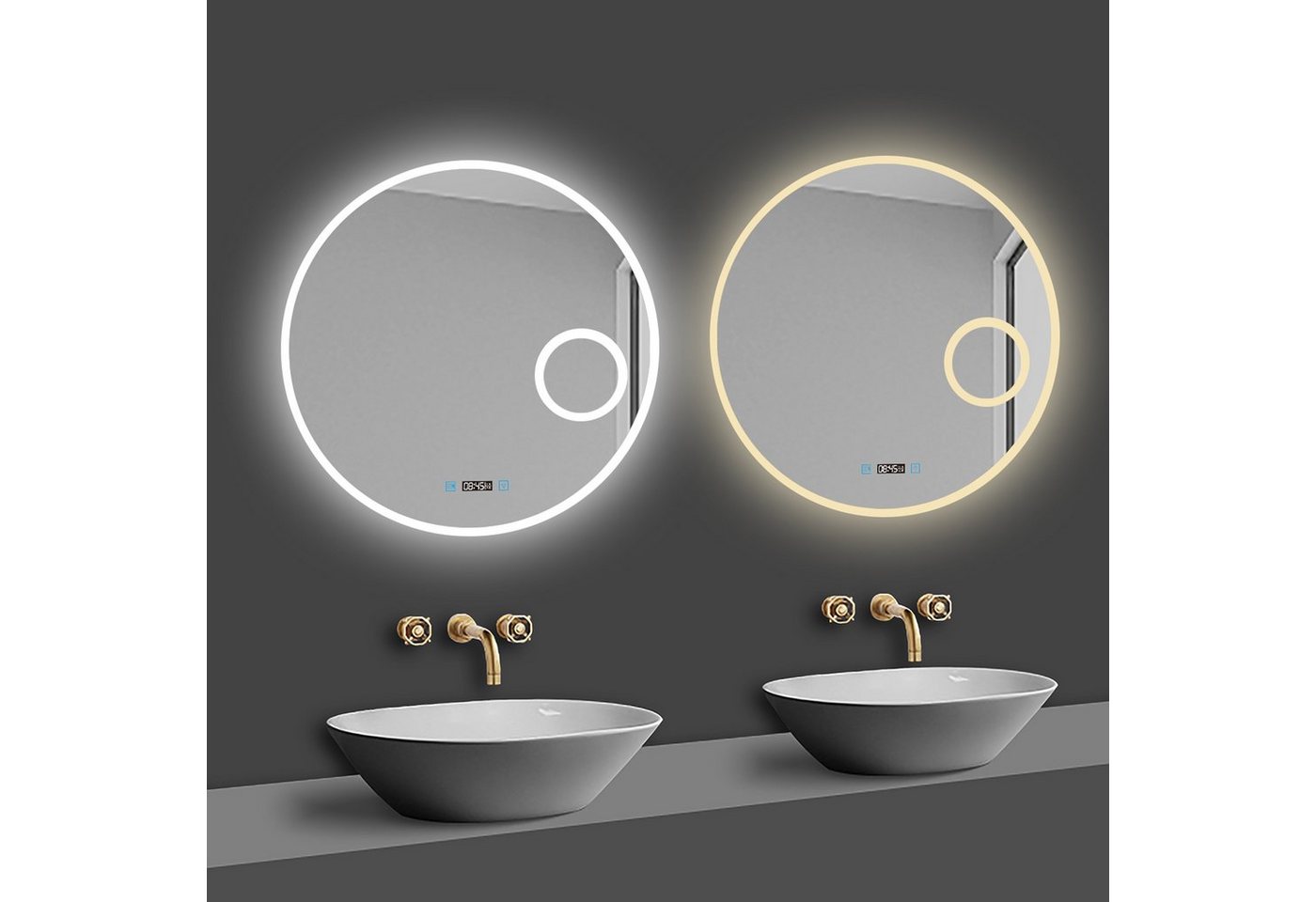 duschspa Badspiegel Runder Spiegel Kalt/Neutral/Warmweiß dimmbar Memory Touch/Wandschalter, Uhr, Schminkspiegel von duschspa